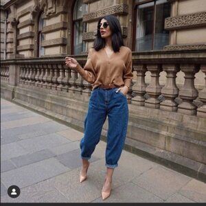 Zara Jeans Womens 4 Blue Paperbag Baggy Cropped High Waist Blogger Favorite